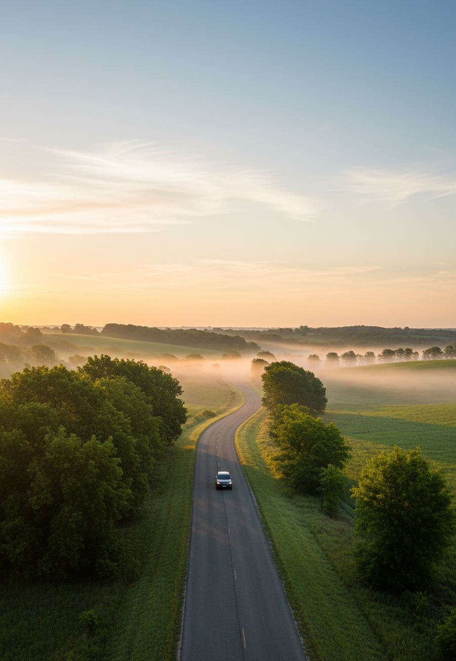 A narrow two-lane road winds through foggy green hills at sunrise, with a single car heading toward the camera