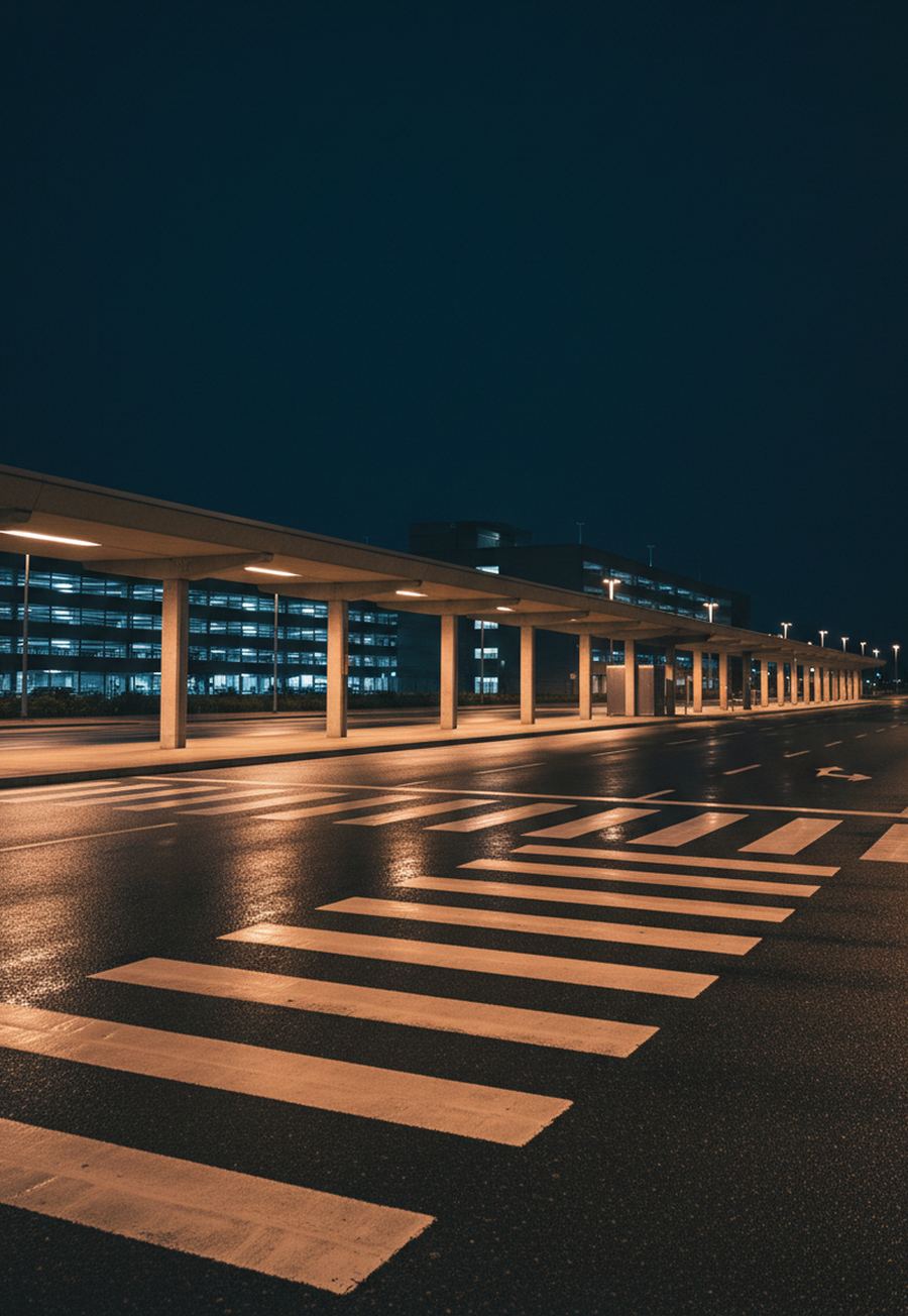 A wide painted crosswalk on wet asphalt at night leads to a long lit concrete canopy beside a curb, with a glowing building behind