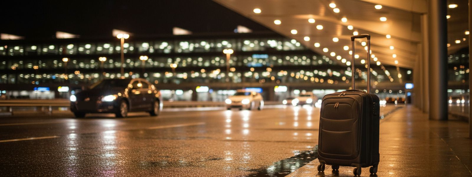 A dark rolling suitcase stands on a wet curb under a lit canopy at night, with blurred cars and building lights behind
