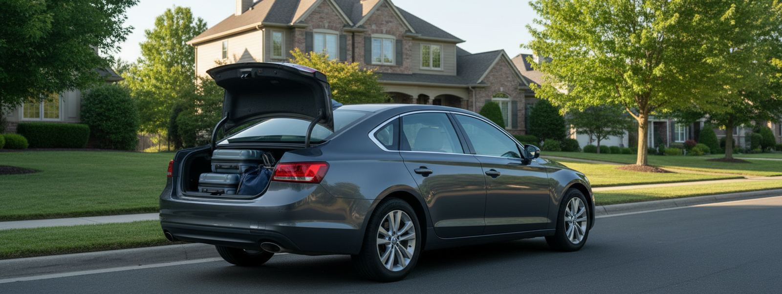 A dark sedan parked on a suburban street with its trunk open, holding two hard-shell suitcases and a navy bag