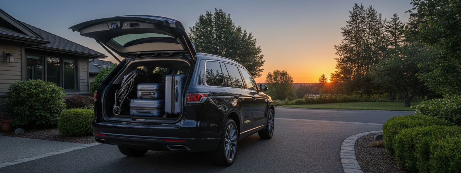 A dark SUV with its rear hatch open at sunset, three blue suitcases and a folded stroller in the cargo area